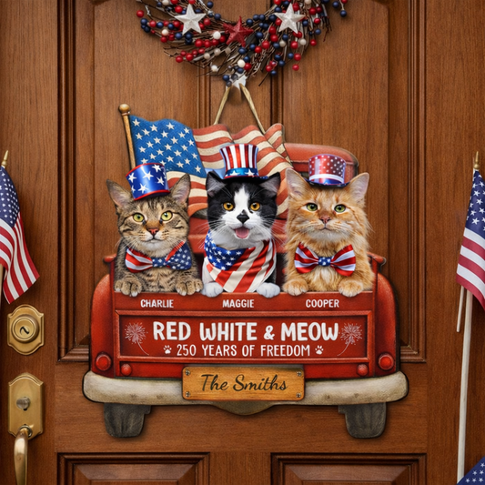 Red White Meow Personalized Wood Sign