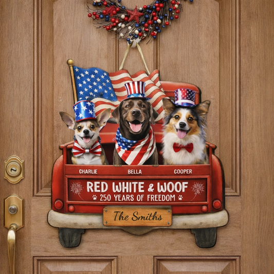 Red White Woof Personalized Wood Sign